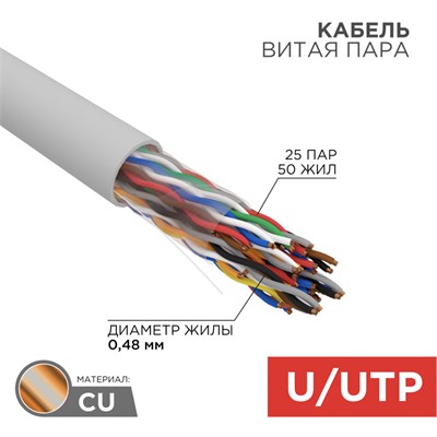 Кабель витая пара U/UTP, CAT 5е, ZH нг(А)-HF (LSZH), 25PR, 24AWG, INDOOR, SOLID, серый, 305м, РФ REXANT 01-1016-R - фото 72017