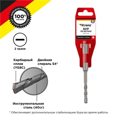Бур по бетону 6,5x110x50мм SDS PLUS KRANZ KR-91-0004 - фото 84660