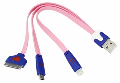Кабель USB 3в1 Lightning, 30pin, micro USB, 1А, 0,15м, ПВХ, розовый, плоский, светящиеся разъемы REXANT 18-4251 - фото 86383