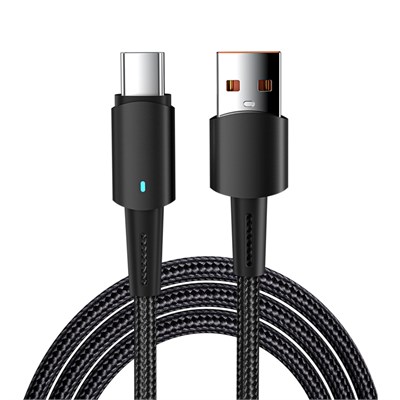 Кабель USB-A – Type-C, 6А, 66Вт, 1м, в черной нейлоновой оплетке, со световой индикацией REXANT 18-7064 - фото 86411
