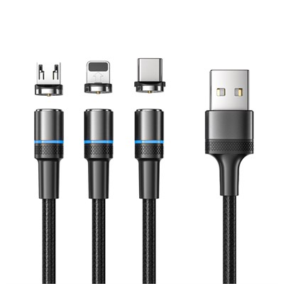 Кабель USB 3в1 со съемными магнитными портами, Type-С (2A), Lightning (2,4A), Micro USB (2A), 1,2м, в черной оплетке, с LED подсветкой REXANT 18-7076 - фото 86423