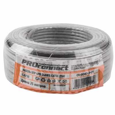 Кабель витая пара омедненный, U/UTP, CCA, CAT 5e, PVC, 4PR, 24AWG, INDOOR, SOLID, серый, 25м PROconnect 01-0043-3-25 - фото 89662