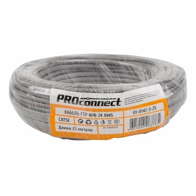Кабель витая пара омедненный, F/UTP, CCA, CAT 5e, PVC, 4PR, 24AWG, INDOOR, SOLID, серый, 25м PROconnect 01-0142-3-25 - фото 89693