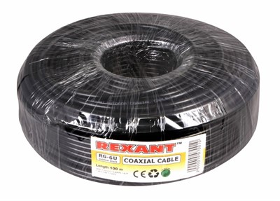 Кабель коаксиальный RG-6U, 75Ом, CCS/Al/Al, 64%, 100м, OUTDOOR, черный REXANT 01-2202 - фото 89727