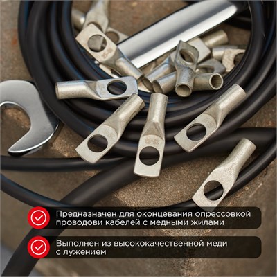 Наконечник медный луженый ТМЛ 25–10–8 (25мм² - Ø10мм) ГОСТ 7386-80 (в упак. 100шт) REXANT 07-5315-5 - фото 91298