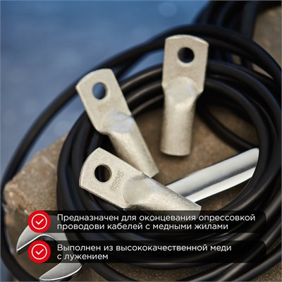Наконечник медный луженый ТМЛ 95–10–15 (95мм² - Ø10мм) ГОСТ 7386-80 (в упак. 25 шт.) REXANT 07-5327-5 - фото 91396