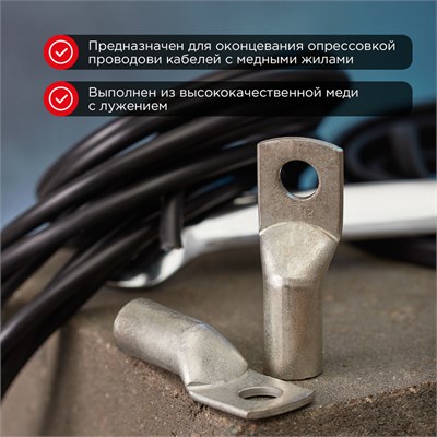Наконечник медный луженый ТМЛ 95–12–15 (95мм² - Ø12мм) ГОСТ 7386-80 (в упак. 2 шт.) REXANT 07-5328 - фото 91397