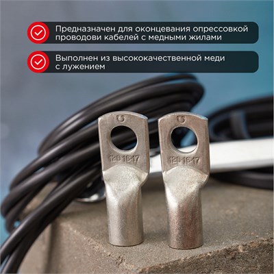 Наконечник медный луженый ТМЛ 120–16–17 (120мм² - Ø16мм) ГОСТ 7386-80 (в упак. 2 шт.) REXANT 07-5332 - фото 91407