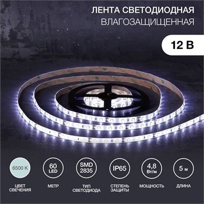 Лента светодиодная 12В, SMD2835, 4,8Вт/м, 60 LED/м, 6500К, 8мм, 5м, для БП с клеммами, IP65 LAMPER 141-2015 - фото 94189