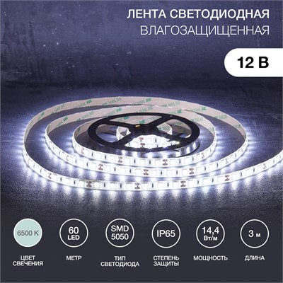 Лента светодиодная 12В, SMD5050, 14,4Вт/м, 60 LED/м, 6500К, 10мм, 3м, для БП с клеммами, IP65 LAMPER 141-2029 - фото 94199