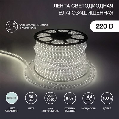 Лента светодиодная 220В, SMD5050, 14,4Вт/м, 60 LED/м, Холодный белый, 13х8мм, 100м, с кабелем питания, IP67 NEON-NIGHT 142-105 - фото 94312