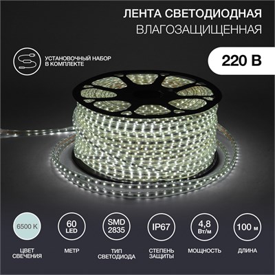 Лента светодиодная 220В, SMD2835, 60 LED/м, Холодный белый, 10х7мм, 100м, с кабелем питания, IP67 NEON-NIGHT 142-605 - фото 94323
