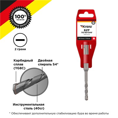 Бур по бетону 12x110x50мм SDS PLUS KRANZ KR-91-0030 - фото 95524