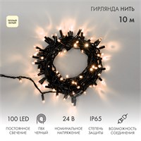 Гирлянда светодиодная Нить 10м 100 LED ТЕПЛЫЙ БЕЛЫЙ черный ПВХ IP65 постоянное свечение 24В соединяется NEON-NIGHT нужен транс-ор 531-100/531-311/531-312 305-146